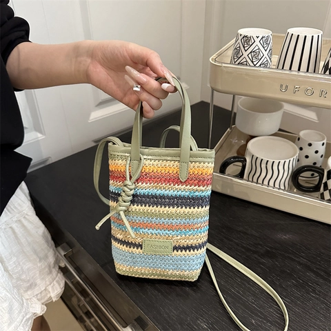 Bolsa De Teléfono Para Mujer De Paja Tejida Con Rayas Arcoíris Mini Bandouliera Con Asa De Piel Sintética Para Vacaciones