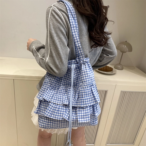 Bolso Tote con Volantes a Cuadros para Mujer Gran Capacidad Bolso de Hombro con Cordón Estilo Coreano Dulce Casual