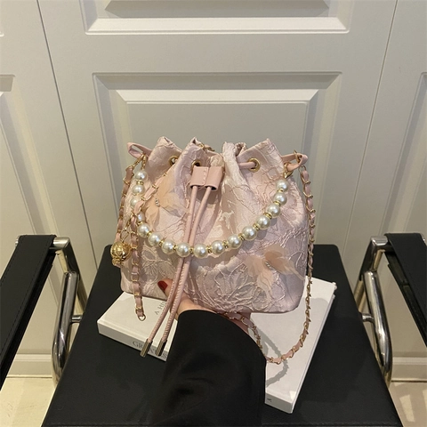 Sac Seau Papillon en Dentelle de Nouveau Style Chinois Élégant Floral avec Poignée en Perles et Bandoulière en Chaîne