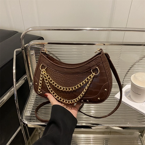 Petit Sac Sous L'Aisselle en Similicuir PU Motif Crocodile Pour Femmes Sac à Épaule Vintage Demi-Lune Avec Chaîne Dorée