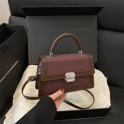 Women Contrast Color Woven Texture Handbag Vintage PU Leather Small Square Crossbody Bag With Adjustable Shoulder Strap