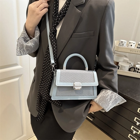 Women Fashion Woven Texture PU Leather Crossbody Bag Small Square Handbag With Metal Lock Adjustable Strap Commute Purse