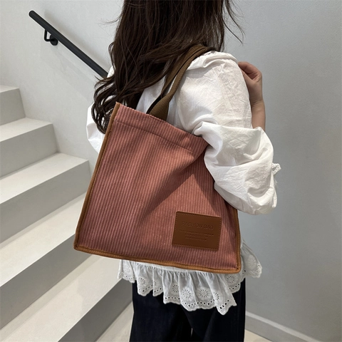 Bolso Tote de Pana para Mujer Gran Capacidad Retro Color Sólido Bolso de Hombro Con Hebilla Magnética Diario