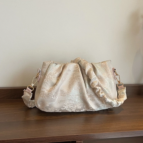 New Chinese Style Ruched Shoulder Bag For Women Vintage Jacquard Fabric Cloud Bag Sequin Evening Pouch Bag Floral Pattern