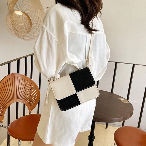 Korean Fashion Color Blocking PU Leather Crossbody Bag Women Small Square Handbag With Adjustable Strap For Daily Commuting