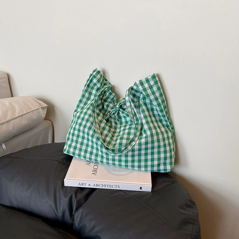 Sac Fourre-Tout à Carreaux Vichy Style Coréen Grande Capacité Nylon Femmes Sac à Épaule Avec Nœud Décontracté Voyage Main