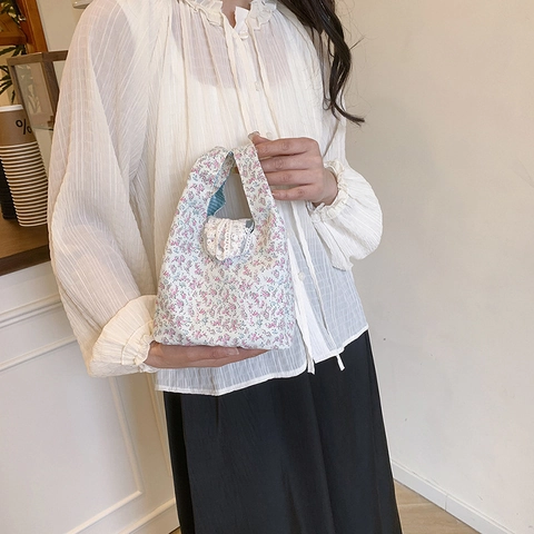 Koreaans Stijl Nylon Bloemenprint Bucket Bag Met Strik Trekkoord Schoudertas Grote Capaciteit Vrouwen Handtas