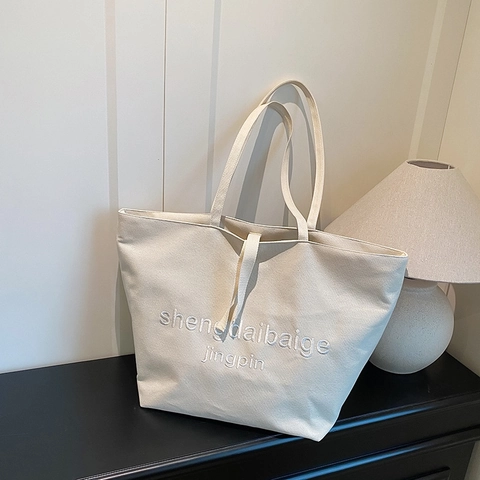 Damen Große Kapazität Canvas Tragetasche Minimalistisch Bestickte Buchstaben Umhängetasche Casual Pendler Handtasche Für Schule Arbeit