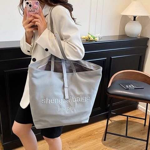Damen Große Kapazität Canvas Tragetasche Minimalistisch Bestickte Buchstaben Umhängetasche Casual Pendler Handtasche Für Schule Arbeit
