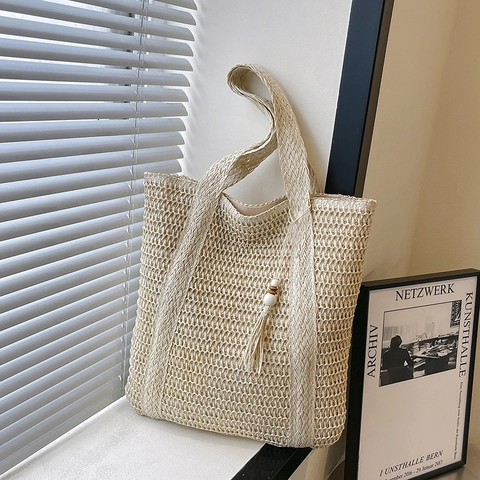 Damen Casual Geflochten Stroh Tote Bag Große Kapazität Ausschnitt Häkeln Umhängetasche Mit Quastenanhänger Urlaub Strandtasche