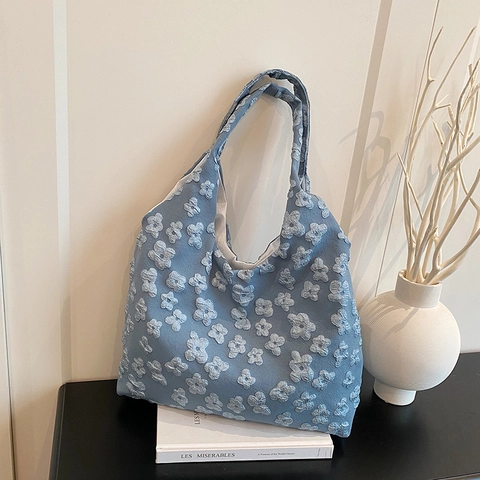 Borsa Tote da Donna in Tela con Ricamo Floreale 3D Grande Capacità Borsa a Tracolla Artistica Casual per lo Shopping Quotidiano