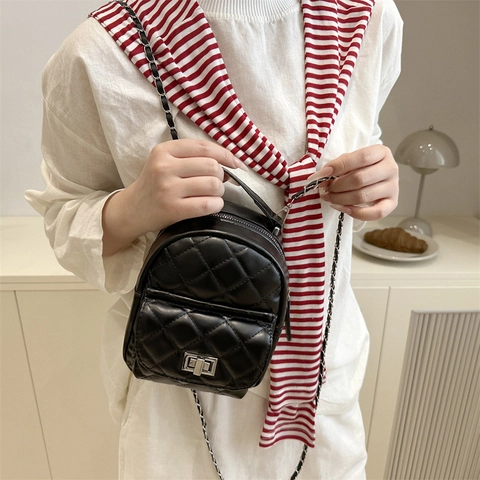 Women's Fashion Quilted Mini Backpack PU Leather Rhombic Chain Strap Turn Lock Small Travel Bag Versatile Satchel Daypack