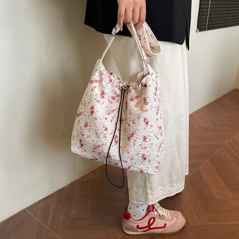 Bolso Tote de Nylon con Estampado Floral de Gran Capacidad para Mujer Bolso Bandolera Plisado con Cordón Bolso de Hombro Casual