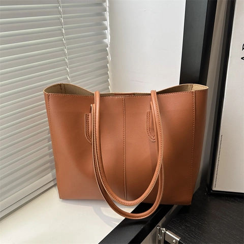 Borsa Tote in Pelle PU Vintage di Grande Capacità da Donna Borsa a Spalla Minimalista per Pendolari Con Cuciture Decorative