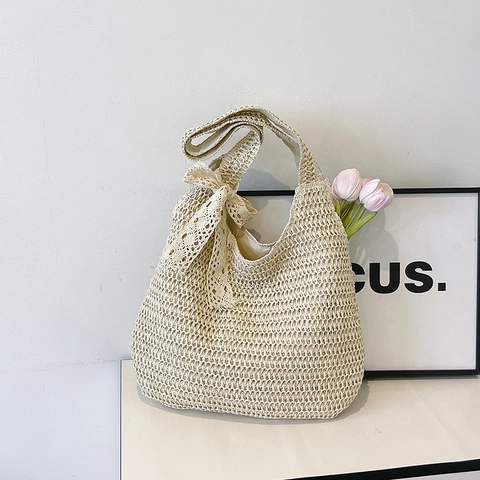 Borsa Sottobraccio in Paglia Intrecciata da Donna Grande Capacità Borsa a Tracolla Fiocco di Pizzo Estate Spiaggia Vacanza