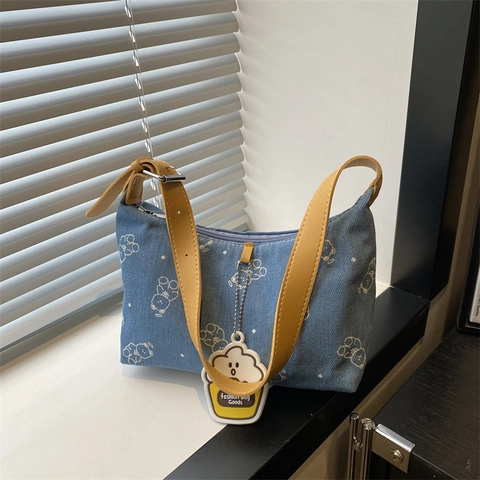 Korean Style Women Denim Crossbody Bag Cute Cartoon Bear Print Small Square Shoulder Bag With Adjustable PU Leather Strap