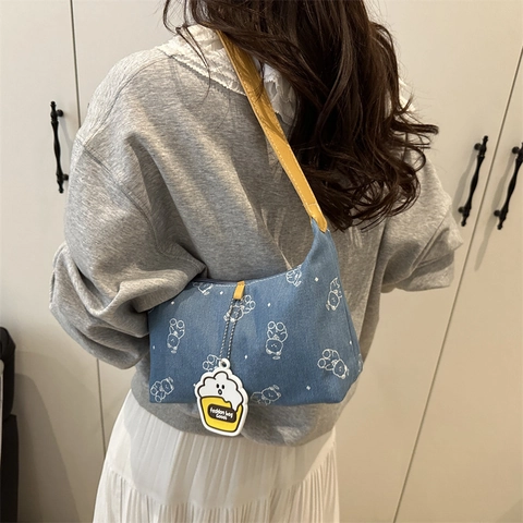 Korean Style Women Denim Crossbody Bag Cute Cartoon Bear Print Small Square Shoulder Bag With Adjustable PU Leather Strap