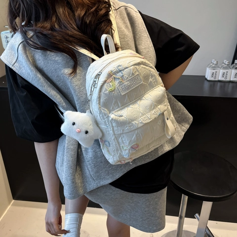 Sac à Dos Kawaii en Cuir PU Matelassé pour Filles Doux Japonais Broderie de Nœud Sac d'École Avec Pendentif en Peluche pour Adolescents Femmes