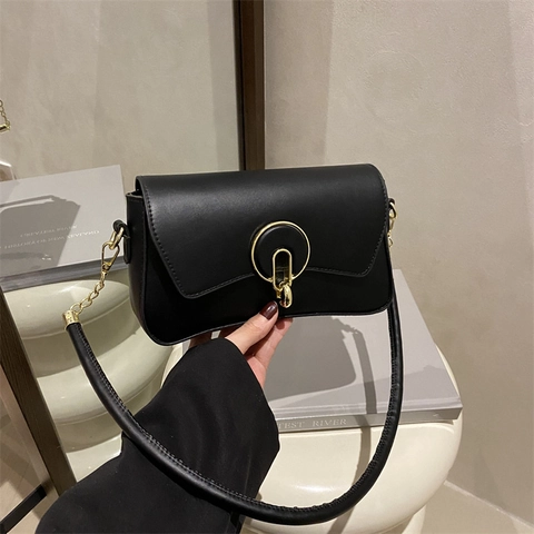 2025 Mode Effen Kleur Slot Ontwerp Kleine Vierkante Schoudertas Crossbodytas Voor Vrouwen Elegante PU Leren Handtas Met Gouden Hardware