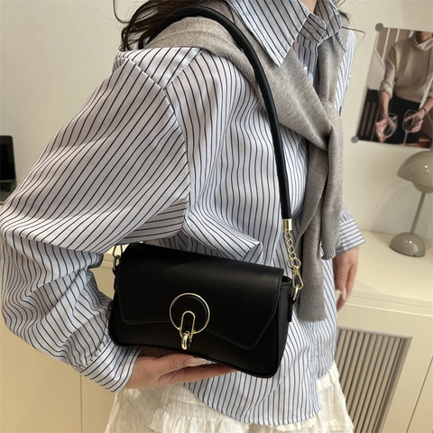 2025 Mode Effen Kleur Slot Ontwerp Kleine Vierkante Schoudertas Crossbodytas Voor Vrouwen Elegante PU Leren Handtas Met Gouden Hardware