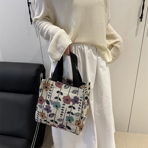 Vintage Jacquard Blumen Segeltuch Shopper Tasche Große Kapazität Damen Ästhetische Schmetterling Druck Umhängetasche Mode Tragbare Handtasche