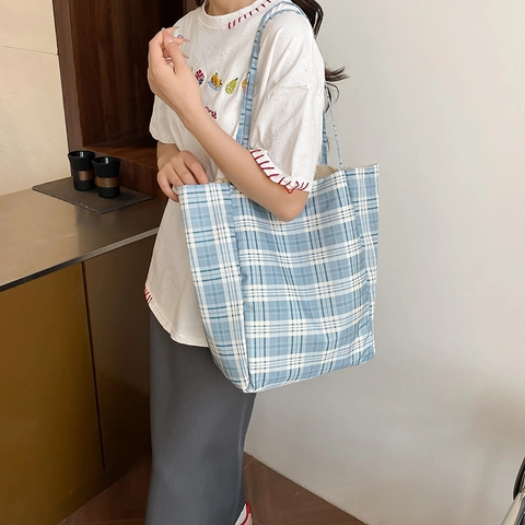 Bolso Tote a Cuadros para Mujer Gran Capacidad Nailon Ligero Bolso de Hombro Minimalista Gingham Handbag para Compras Diarias