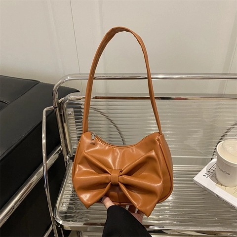 Women Stylish Bow Underarm Bag Simple PU Leather Shoulder Bag Versatile Commuter Half Moon Bag Hobo Handbag Versatile Purse