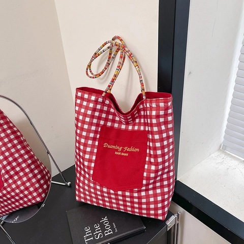 Fashion Women Canvas Grid Tote Bag Embroidered Letter Large Capacity Shoulder Bag With Multi Color Beaded Handle Plaid