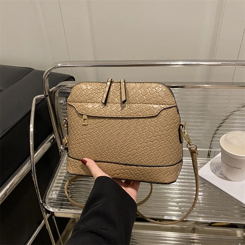 Vintage Webstruktur Muschel Umhängetasche Für Damen Mode Kunstleder Handtasche Mit Doppelreißverschluss Tägliche Lässige Schultertasche