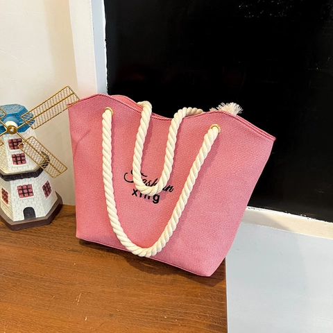 Damen PU Leder Tragetasche Mit Baumwollseil Griff Buchstaben Bestickt Große Kapazität Sommer Strand Casual Umhängetasche