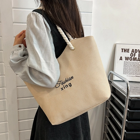 Damen PU Leder Tragetasche Mit Baumwollseil Griff Buchstaben Bestickt Große Kapazität Sommer Strand Casual Umhängetasche