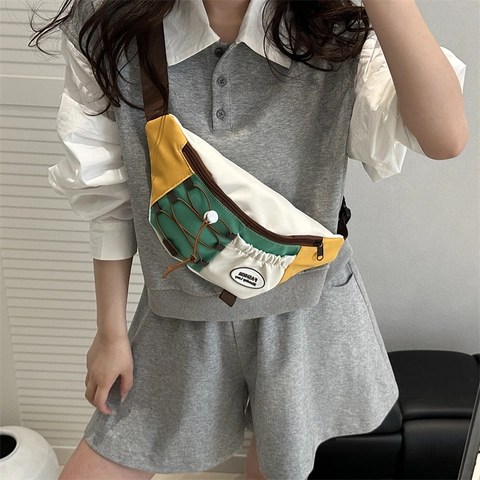 Harajuku Retro Colorblock Waist Bag For Women Streetwear Nylon Adjustable Chest Bag Sporty Casual Fashion Crossbody Bag