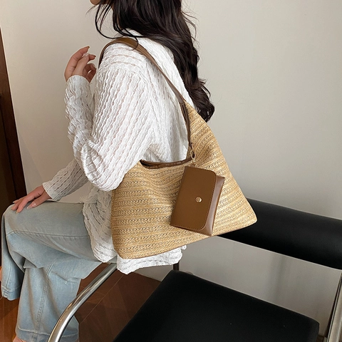 Grand Sac Fourre-Tout en Paille de Style Coréen Sac à Épaule de Vacances d'Été Avec Mini Pochette pour Femmes