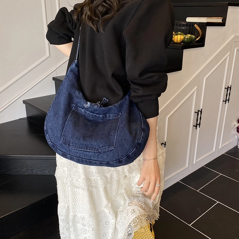Bolso Bandolera de Mezclilla Retro de Gran Capacidad para Mujeres Hombres Bolso Hobo Casual de Mezclilla Lavada Color Sólido