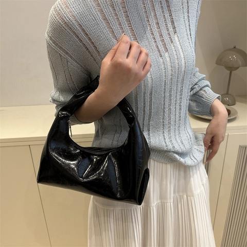 Borsa Hobo da Donna con Manico a Nodo in Pelle PU Verniciata Borsa a Tracolla a Mezzaluna Stile Urbano Minimalista per Uso Quotidiano