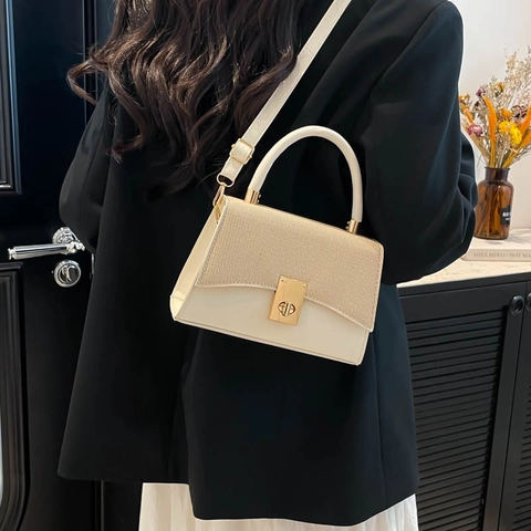Damen Patchwork Umhängetasche Webstruktur PU Leder Handtasche Mit Gold Metallschloss Pendler Schultertasche Für Den Alltag