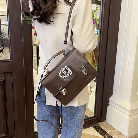 Borsa JK Uniform Stile Preppy Britannico Vintage per Donna Pelle PU Ricamo Scudo Borsa a Tracolla Zaino Messenger Grande Borsa Satchel