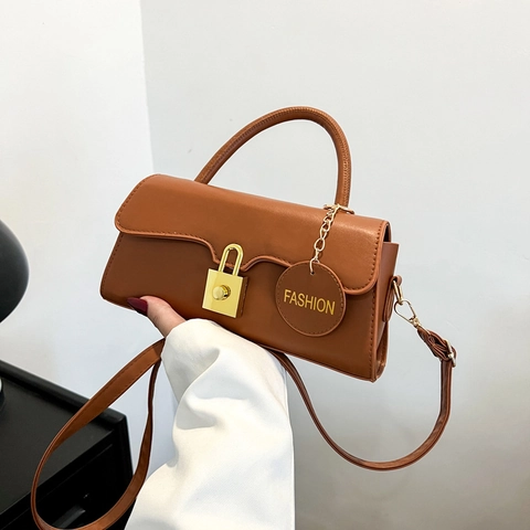 Vintage Women PU Leather Crossbody Bag Fashion Small Square Shoulder Bag With Gold Lock And Circular Tag Daily Commute Bag