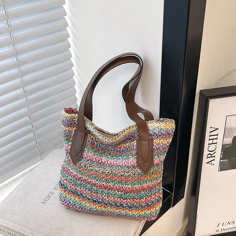 Bolso de Paja de Gran Capacidad para Mujer Verano Casual Tejido Playa Vacaciones Bolso de Hombro Diseño a Rayas Asa de Cuero PU