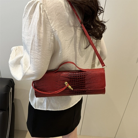 Elegante Krokodillenpatroon PU Leren Stokbrood Tas Voor Dames Vintage Metalen Knoopslot Schouder Crossbody Handtas