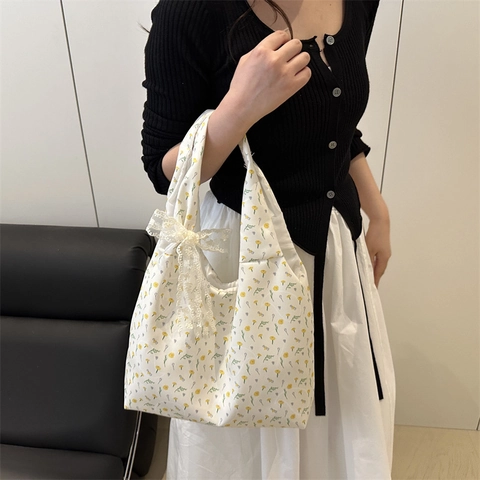 Borsa Tote in Tela Floreale da Donna con Fiocco in Pizzo Dolce Borsa a Tracolla Grande Capacità Casual Shopping per Scuola