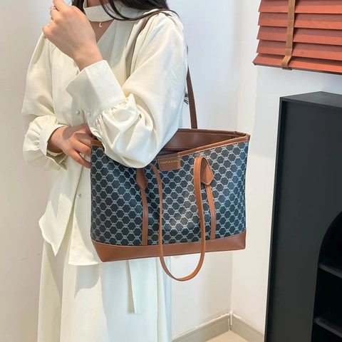 Bolso Tote de Gran Capacidad con Estampado Geométrico Vintage para Mujer Minimalista Urbano de Cuero PU Bolso de Hombro Casual