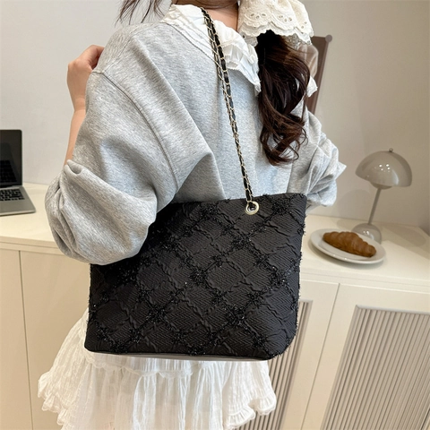Borsa Tote Jacquard da Donna Grande Capacità Borsa a Tracolla a Griglia Strutturata Con Tracolla a Catena in Metallo Elegante