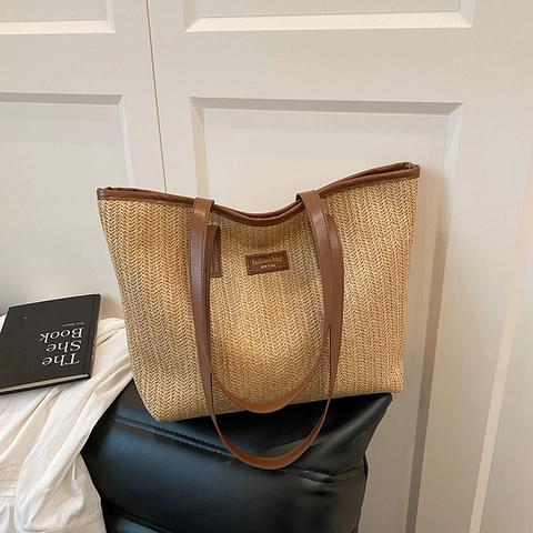 Dames Grote Capaciteit Stro Geweven Tote Bag Casual Visgraat Schoudertas Zomer Strand Vakantie Handtas Met Leren Handvatten