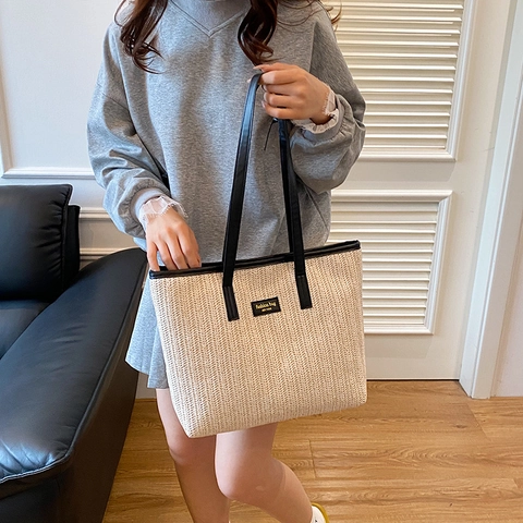 Dames Grote Capaciteit Stro Geweven Tote Bag Casual Visgraat Schoudertas Zomer Strand Vakantie Handtas Met Leren Handvatten