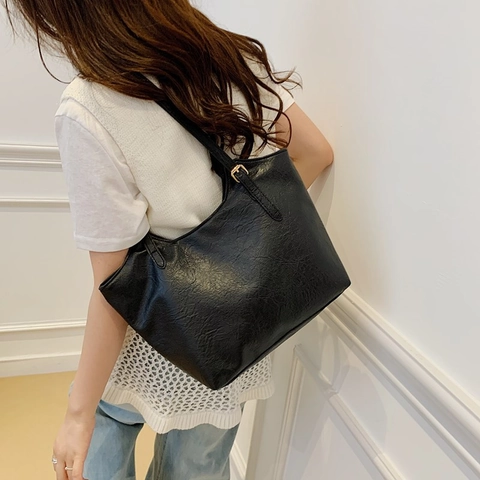 Bolso Tote de Cuero PU de Gran Capacidad Vintage para Mujer Bolso de Hombro Minimalista de Color Sólido Bolso de Trabajo