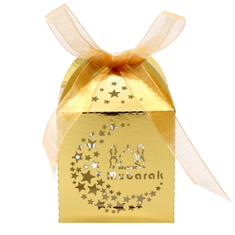 Hollow Laser Cut Eid Mubarak Candy Gift Box With Ribbon Moon Star Mosque Pattern For Ramadan Celebration Party Favors