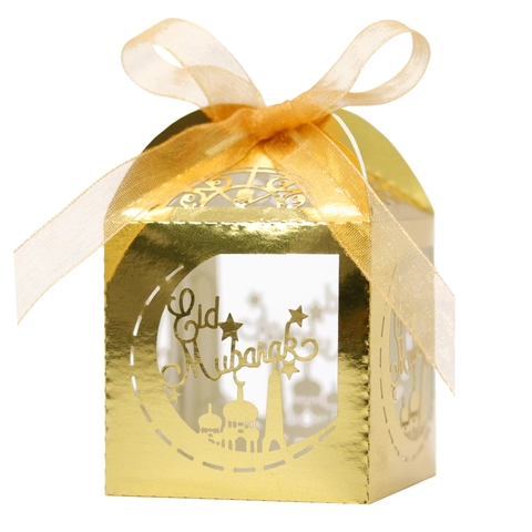 Eid Mubarak Hohl Süßigkeitenbox Lasergeschnitten Perlmuttpapier Geschenkbox Mit Band Mond Sterne Palast Design Für Hochzeit Ramadan Party