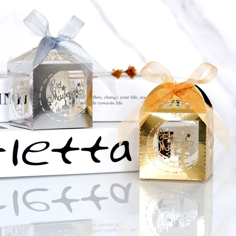 Eid Mubarak Hohl Süßigkeitenbox Lasergeschnitten Perlmuttpapier Geschenkbox Mit Band Mond Sterne Palast Design Für Hochzeit Ramadan Party