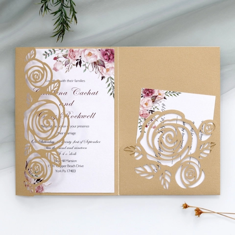 Elegant Rose Laser Cut Hollow Wedding Invitations Champagne Gold Pearlescent Paper Greeting Cards Engagement Valentine Day